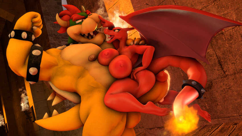 accessory anthro big_breasts boop bowser breasts charizard dragon duo female feral fire flexing furgonomics generation_1_pokemon genitals horn huge_breasts jewelry koopa larger_male male male/female mario_bros membrane_(anatomy) membranous_wings nintendo nipples non-mammal_breasts non-mammal_nipples nose_boop penis pokemon pokemon_(species) ring romantic scalie size_difference spikes tail tail_accessory tail_jewelry tail_ring tigura wings