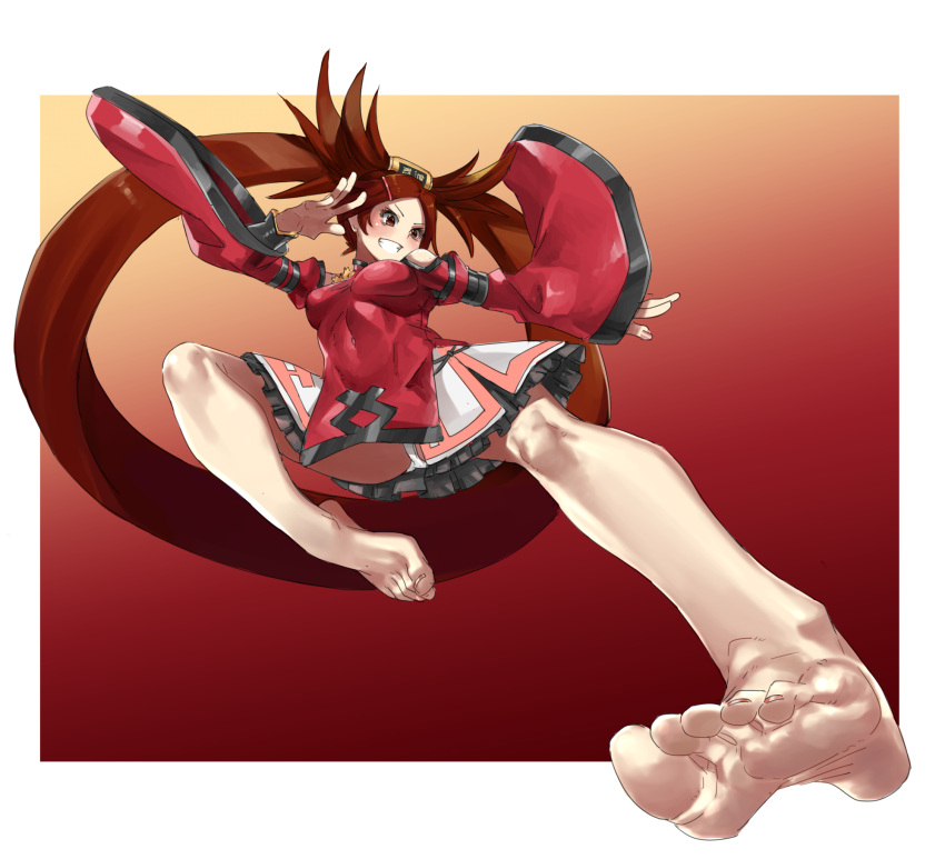 1girl bare_legs bare_shoulders barefoot blush border breasts brown_eyes brown_hair china_dress chinese_clothes detached_sleeves dress eiji_(eiji) feet foot_focus foreshortening guilty_gear guilty_gear_xrd hair_ornament hairclip highres kicking kuradoberi_jam leg_up long_hair martial_arts medium_breasts nail_polish panties simple_background skirt smile soles solo thighs toes underwear very_long_hair white_background white_border white_panties wide_sleeves