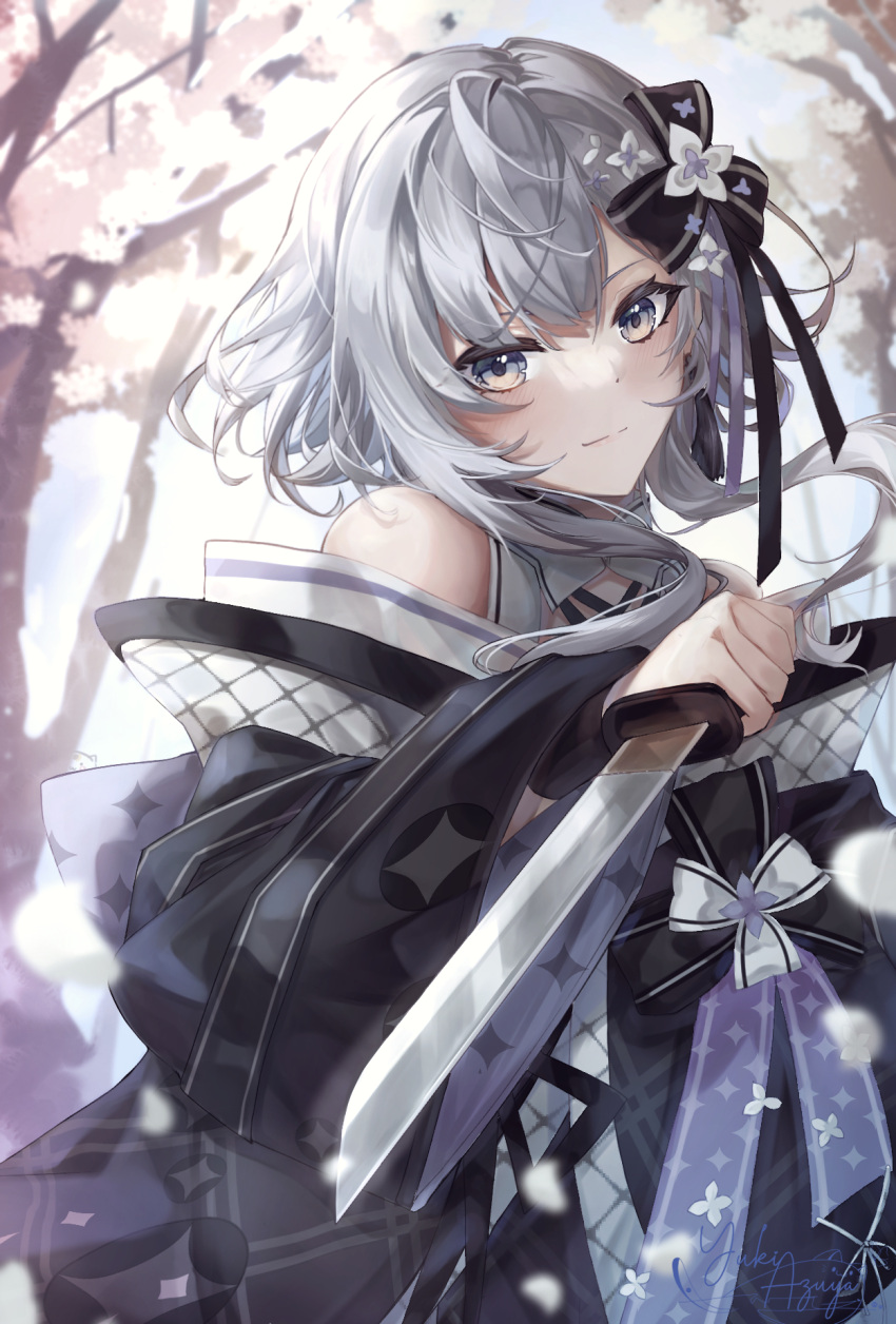 1girl bow cherry_blossoms dagger dimazu flower grey_eyes grey_hair hair_bow hair_flower hair_ornament highres holding holding_dagger holding_knife holding_weapon hololive hololive_indonesia japanese_clothes kimono knife light_smile looking_at_viewer looking_away off_shoulder official_alternate_costume official_alternate_hairstyle outdoors pointing_weapon short_hair solo upper_body vestia_zeta virtual_youtuber weapon wide_sleeves