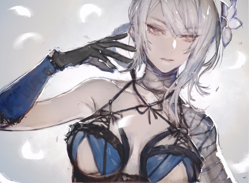 1girl arm_warmers asymmetrical_hair bandaged_arm bandaged_neck bandages bare_shoulders black_gloves braid breasts closed_mouth commentary dutch_angle falling_petals flower gloves hair_between_eyes hair_flower hair_ornament highres kaine_(nier) large_breasts lingerie long_hair looking_at_viewer lunar_tear moony_(mogmogmelt) nier nier_(series) petals red_eyes single_bare_shoulder single_sidelock solo underwear upper_body