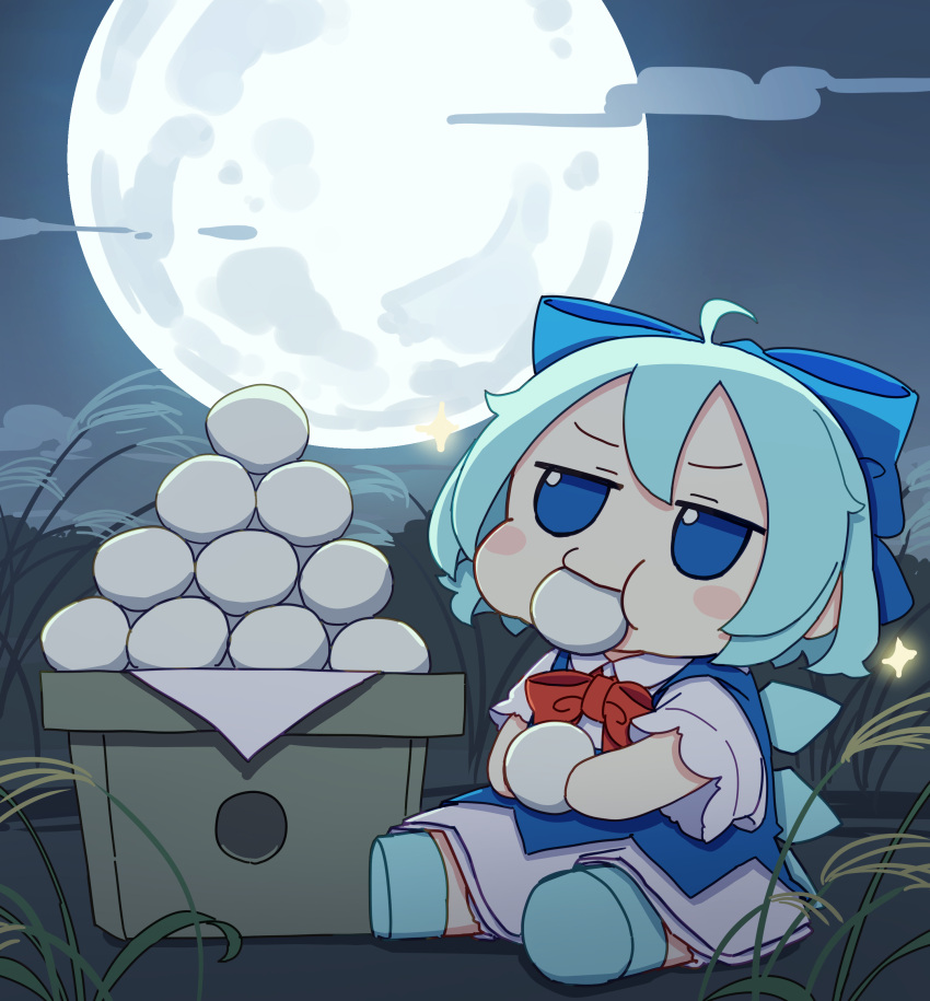 1girl absurdres ahoge blue_bow blue_dress blue_eyes blue_footwear blue_hair blush_stickers bow cirno collared_shirt dango dress eating fairy food full_moon fumo_(doll) hair_between_eyes hair_bow highres ice ice_wings kame_(kamepan44231) md5_mismatch moon shirt shoes short_hair short_sleeves solo touhou tsukimi_dango wagashi white_shirt wings