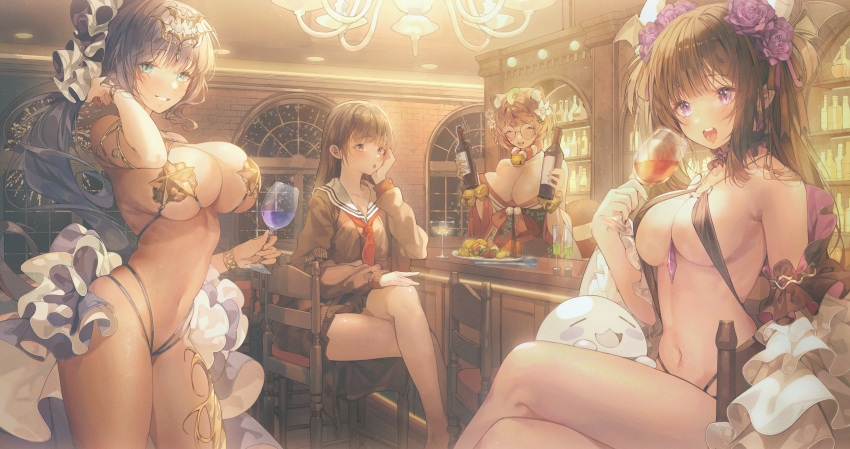 4girls armpits bare_shoulders bikini black_hair blonde_hair blue_eyes blush bow breasts brown_hair cleavage collarbone crossed_legs cup dress drinking_glass flower food frills goddess_paradise hair_flower hair_ornament highres indoors large_breasts long_hair looking_at_viewer multi-strapped_bikini multiple_girls navel official_art open_mouth patch_oxxo sitting smile string_bikini swimsuit table thighs