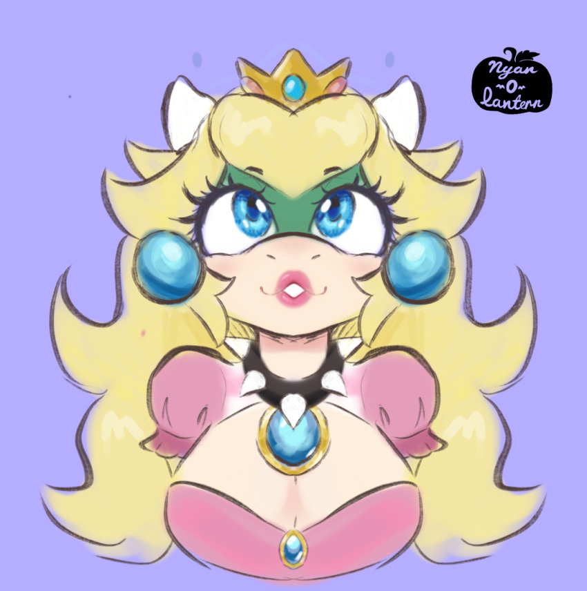 1:1 2023 anthro artist_name big_breasts blonde_hair blue_eyes breasts bust_portrait cleavage clothed clothing collar crown dress ear_piercing eyebrow_through_hair eyebrows eyelashes female hair headgear horn koopa lipstick long_hair makeup mario_bros nintendo nyan-o-lantern piercing pink_background portrait princess_peach scalie simple_background smile solo spiked_collar spikes translucent translucent_hair watermark