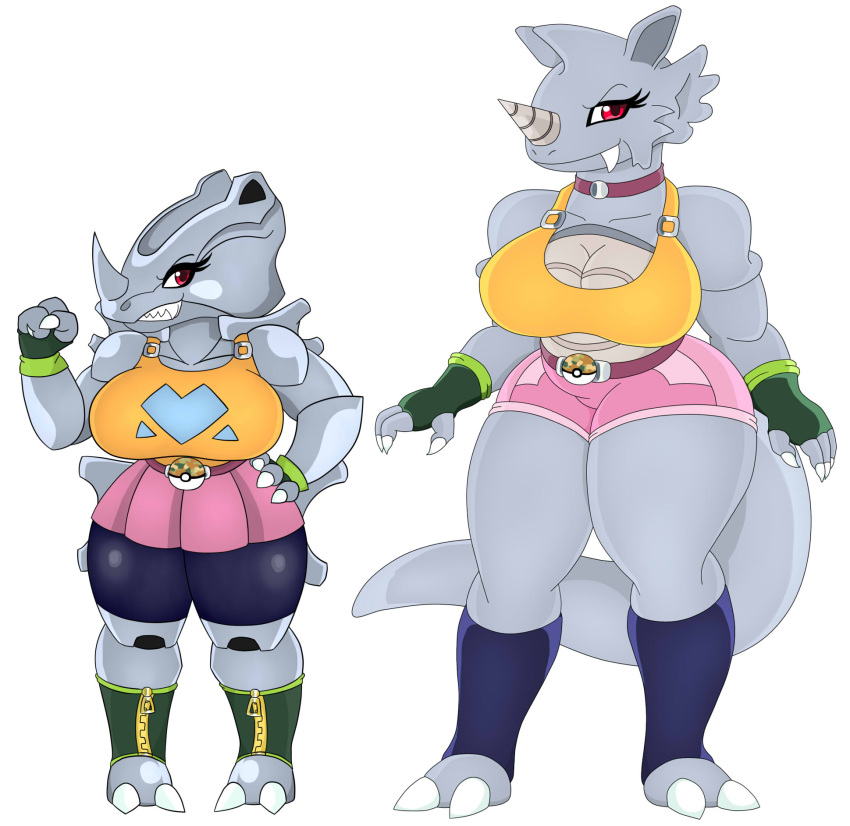 anthro belt big_breasts bottomwear breasts clothing duo female fingerless_gloves generation_1_pokemon gloves grey_body handwear hi_res horn huge_breasts legwear nintendo pokeball pokemon pokemon_(species) red_eyes rhydon rhyhorn shirt shorts simple_background skirt tail topwear urusee584 white_background zipper