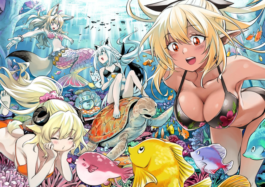 4girls animal_ears bikini blonde_hair breasts cleavage dark-skinned_female dark_skin fish fox_ears fox_girl hololive horns kurose_kousuke large_breasts long_hair mermaid monster_girl multiple_girls omaru_polka open_mouth pointy_ears ponytail red_eyes sheep_girl sheep_horns shell shell_bikini shirakami_fubuki shiranui_flare smile swimsuit tsunomaki_watame turtle underwater virtual_youtuber white_hair