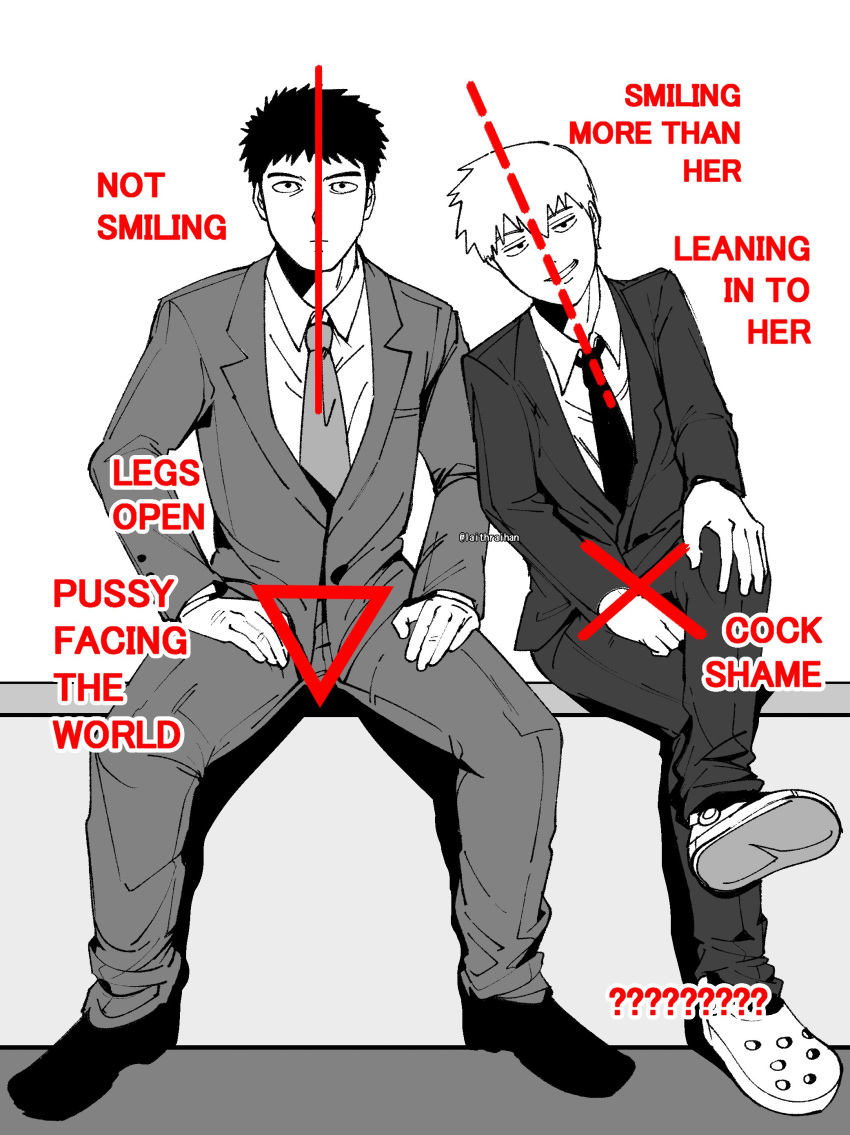 2boys absurdres crossed_legs english_text expressionless formal full_body highres laithraihan long_sleeves looking_at_viewer meme mob_psycho_100 monochrome multiple_boys parody photo-referenced reigen_arataka serizawa_katsuya short_hair sitting spread_legs suit triangle will_smith