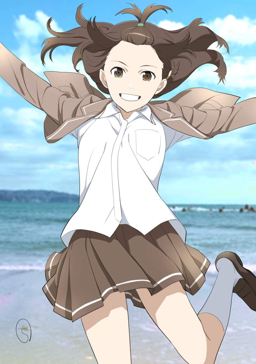 1girl absurdres beach breasts brown_eyes brown_hair commentary_request grin hair_ornament highres jacket kamogawa_girls'_high_school_uniform kobayashi_chizuru kyouno_madoka loafers long_hair looking_at_viewer open_clothes open_jacket outdoors pleated_skirt rinne_no_lagrange school_uniform shoes short_hair skirt smile solo