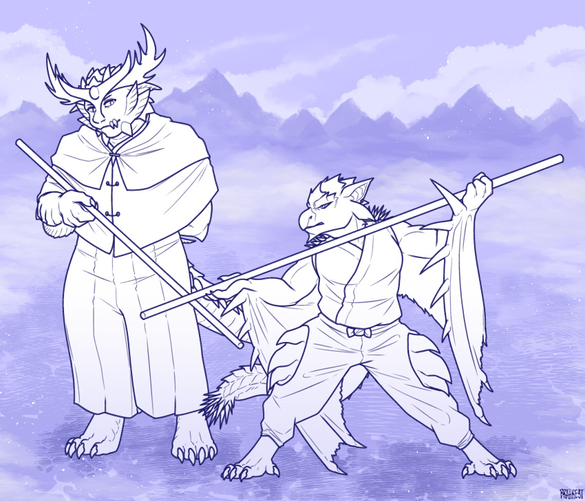 ambiguous_gender anthro brahkest capcom digitigrade duo duo_focus fanged_wyvern flying_wyvern fully_clothed_anthro group hi_res magnamalo master_and_disciple mentoring monster_hunter mountain rath_wyvern rathian staff