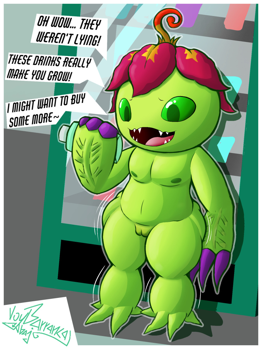 anthro bandai_namco beverage claws digimon digimon_(species) elemental_creature elemental_humanoid english_text fangs female flat_chested flora_fauna flower flower_creature flower_humanoid genitals green_body green_eyes green_sclera hi_res humanoid nipples not_furry nude open_mouth outline palmon plant plant_humanoid pussy solo speech_bubble teeth text thick_thighs tongue voy_barranca_abajo wide_hips