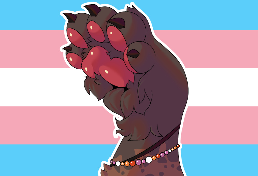 ambiguous_gender beads black_claws black_nails bracelet brown_body brown_fur claws colored_nails digital_media_(artwork) fur gloves_(marking) handpaw herm_(lore) hi_res hyena jewelry lgbt_pride mammal markings multicolored_body multicolored_fur nails nonbinary_(lore) outline pawpads paws pink_pawpads pride_color_accessory pride_color_background pride_colors shaded simple_background spots spotted_body spotted_fur spotted_hyena spotted_markings tan_body tan_fur transgender_pride_colors trevor_pride_(knotfunny) tuft unknown_artist