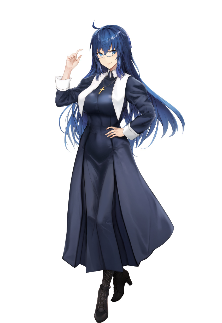 1girl absurdres ahoge alternate_hair_length alternate_hairstyle black_dress black_footwear blue-framed_eyewear blue_eyes blue_hair boots breasts ciel_(tsukihime) closed_mouth commentary_request cross cross_necklace dress full_body glasses habit hair_between_eyes hand_on_own_hip high_heel_boots high_heels highres jewelry large_breasts latin_cross long_hair long_sleeves looking_at_viewer mixed-language_commentary necklace nun smile solo standing tachi-e tk31 transparent_background tsukihime tsukihime_(remake)