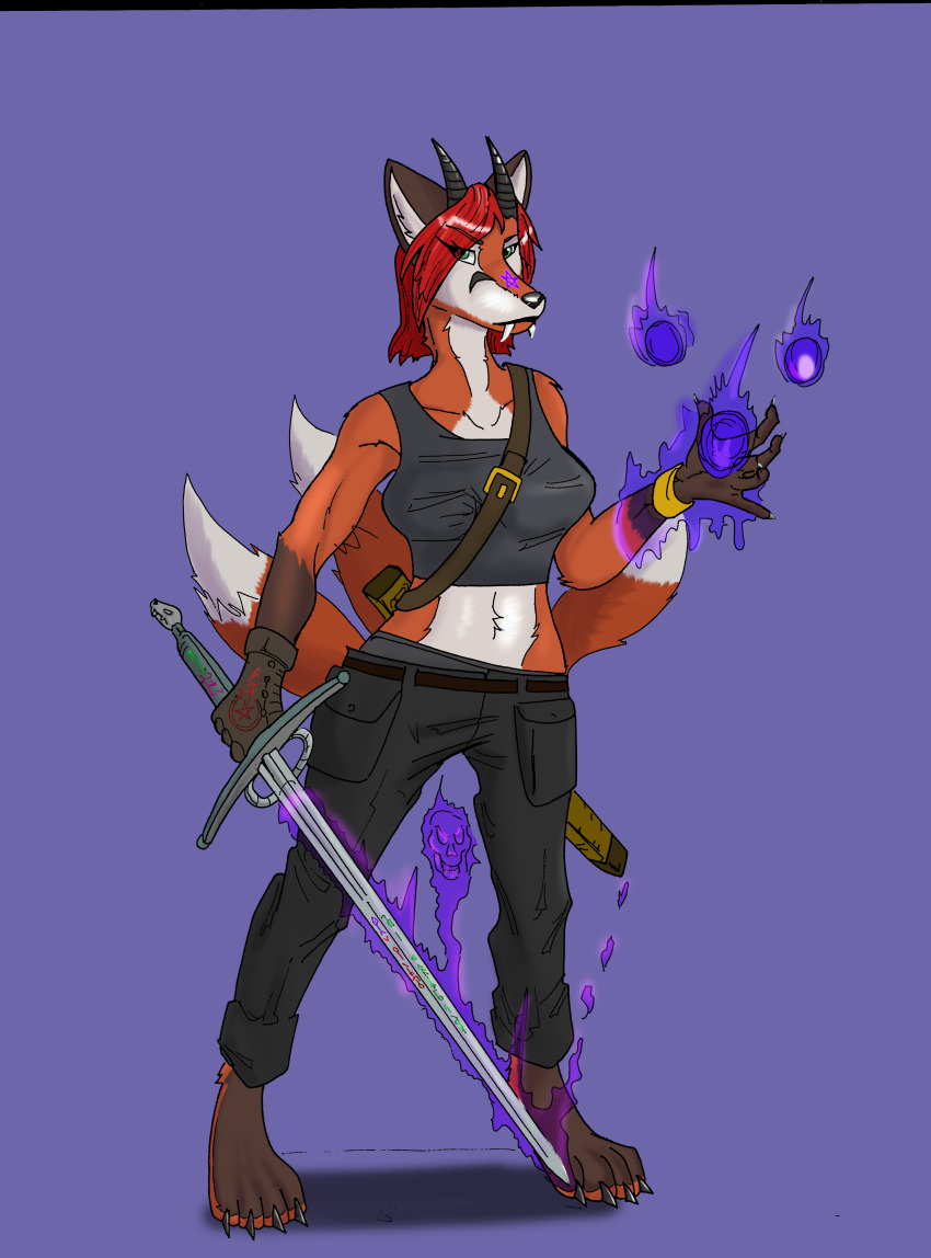 absurd_res anthro blade canid canine clothed clothing demon fantasy female fox hi_res horn kitzune madfox magic magic_user mammal melee_weapon rickwulfk95 solo spell sword tails_(disambiguation) weapon