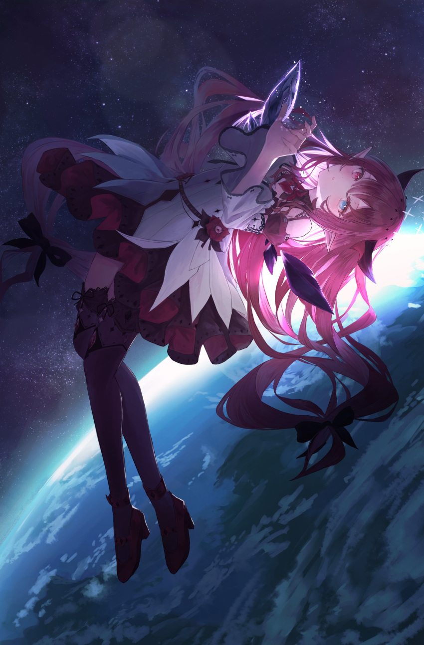 absurdres blue_eyes bow detached_collar dress earth_(planet) flower full_body hair_bow halo heterochromia high_heels highres hololive hololive_english horns irys_(hololive) irys_(irys_2.0)_(hololive) long_hair official_alternate_costume pink_eyes planet pointy_ears purple_hair red_flower red_footwear shoes siruru0503 space thighhighs virtual_youtuber
