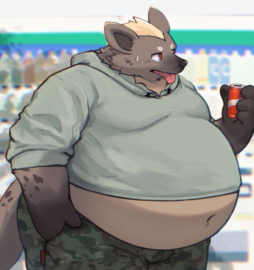 anthro belly beverage big_belly blonde_hair bodily_fluids brown_body brown_fur camo camo_clothing camo_print clothing fur hair hi_res hoodie hyena male mammal midriff moobs obese obese_male overweight overweight_male pattern_clothing red_eyes soda solo spots sweat sweatdrop taka_fin9623 tight_clothing tongue tongue_out topwear