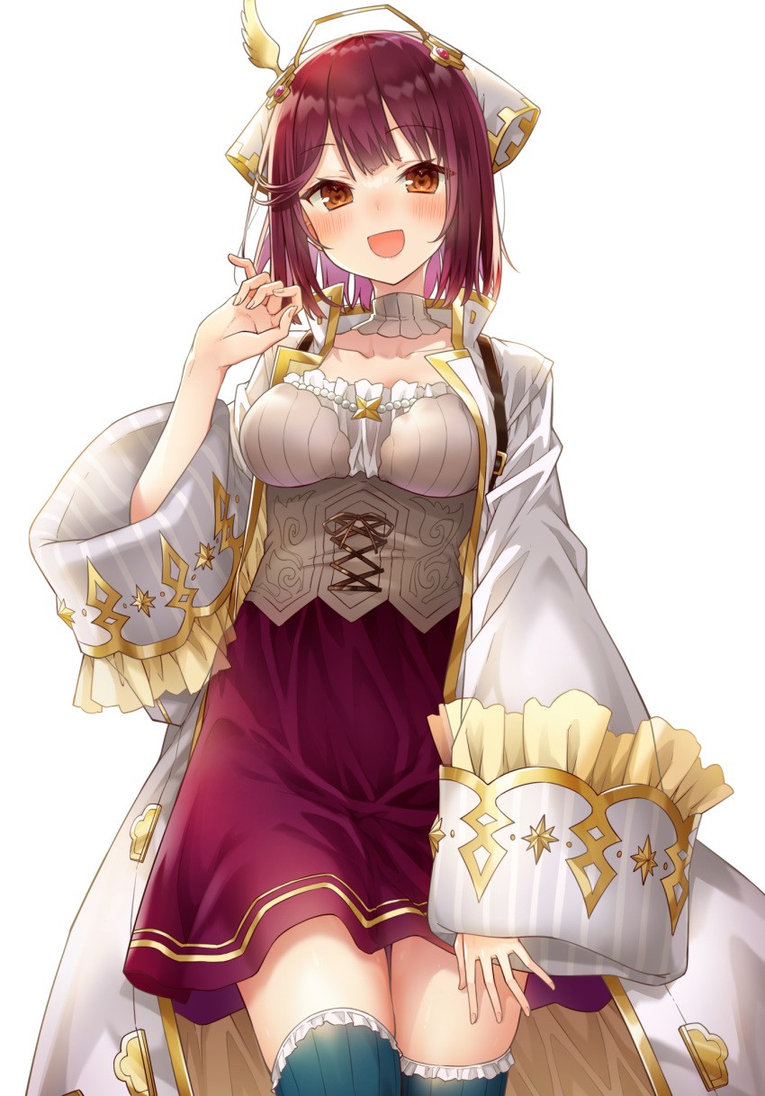 1girl :d alt_(ctrldel) atelier_(series) atelier_sophie blue_thighhighs blush breasts brown_eyes choker cleavage fingernails highres jacket long_sleeves looking_at_viewer medium_breasts open_mouth red_hair red_skirt short_hair simple_background skirt smile solo sophie_neuenmuller thighhighs thighs white_background white_choker white_jacket zettai_ryouiki