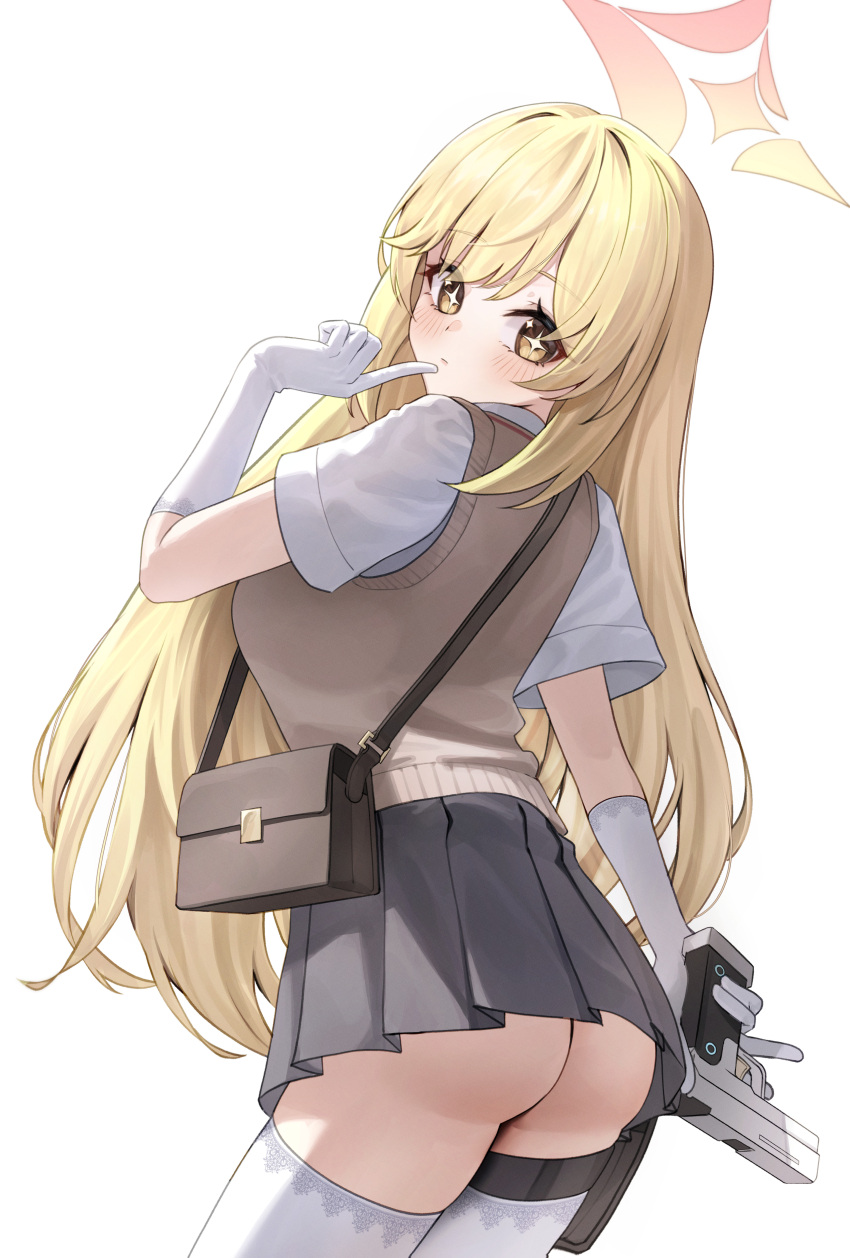 1girl 29hyeon absurdres ass bag blonde_hair blue_archive blush brown_vest closed_mouth commentary_request cowboy_shot gloves grey_skirt gun halo handgun highres holding holding_gun holding_weapon long_hair looking_at_viewer pink_halo pleated_skirt school_uniform shirt shokuhou_misaki short_sleeves simple_background skirt solo star-shaped_pupils star_(symbol) symbol-shaped_pupils thighhighs toaru_kagaku_no_railgun toaru_majutsu_no_index tokiwadai_school_uniform vest weapon white_background white_gloves white_shirt white_thighhighs yellow_eyes