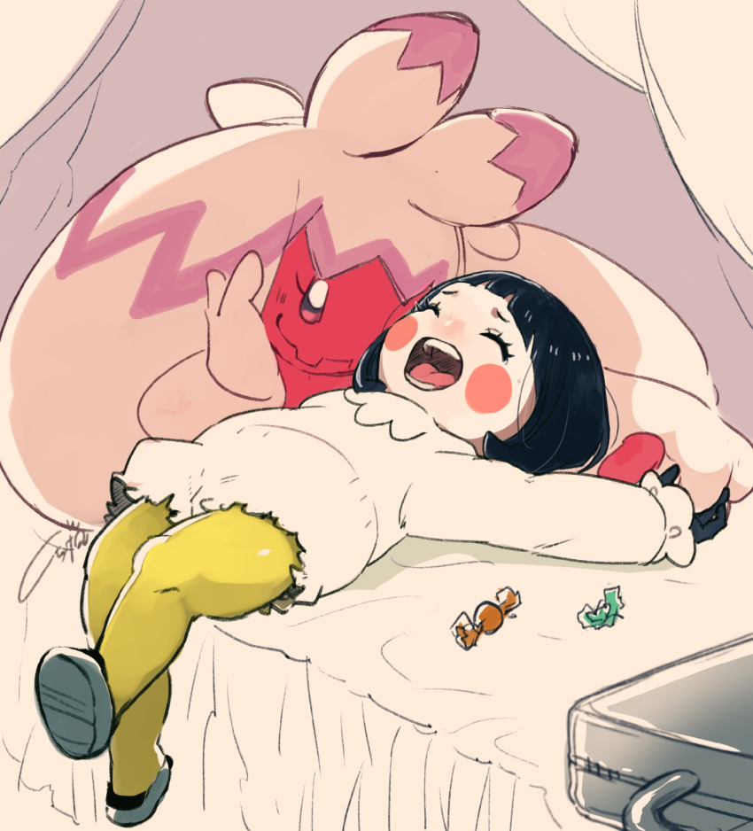 1girl alternate_costume black_gloves black_hair blunt_bangs blush_stickers briefcase candy_wrapper closed_eyes commentary_request eyelashes gloves grey_footwear highres indoors ippaiotabe_mkw knees long_sleeves lying on_back on_bed open_mouth pantyhose pokemon pokemon_(creature) pokemon_(game) pokemon_sv poppy_(pokemon) shoes short_hair signature teeth tinkaton tongue yellow_pantyhose