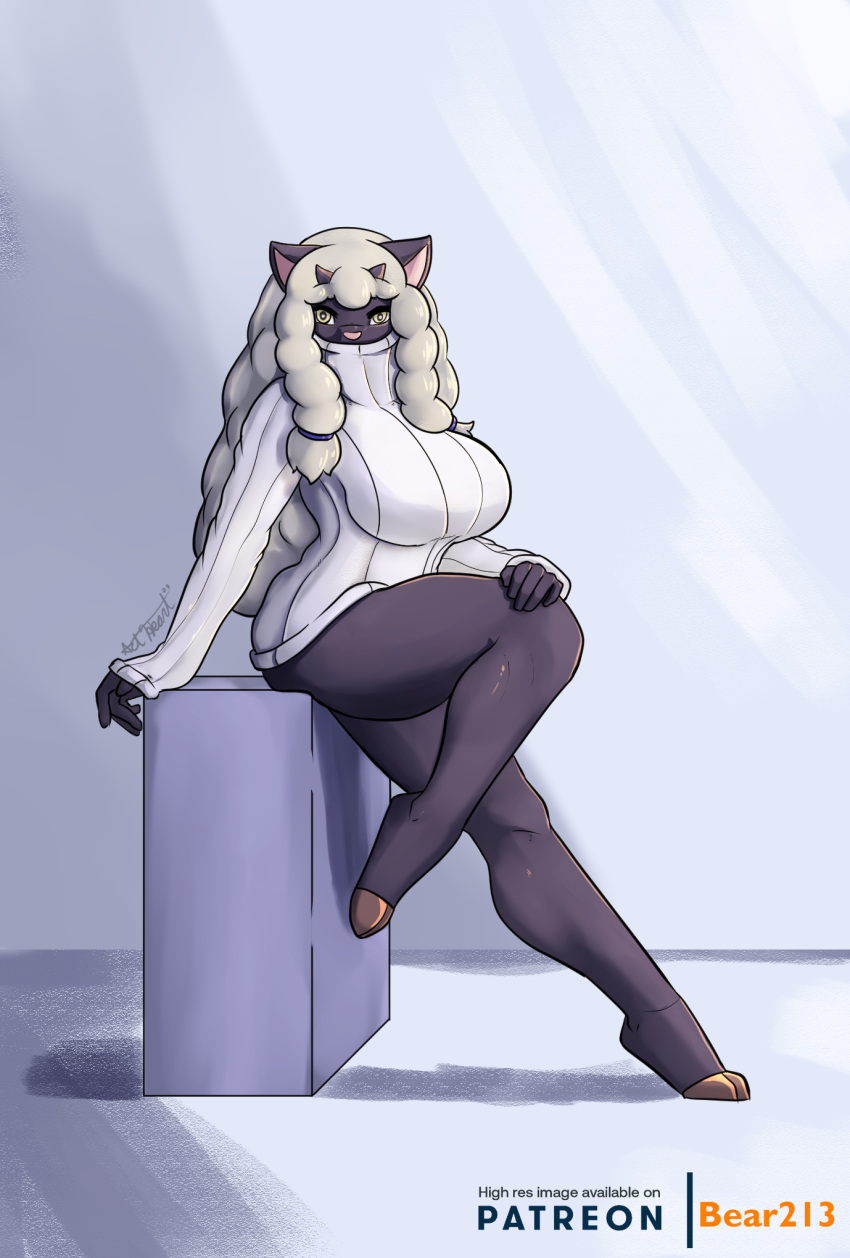 anthro bear213 big_breasts breasts clothed clothing female generation_8_pokemon hi_res looking_at_viewer mouth_covered nintendo pokemon pokemon_(species) solo sweater topwear wooloo