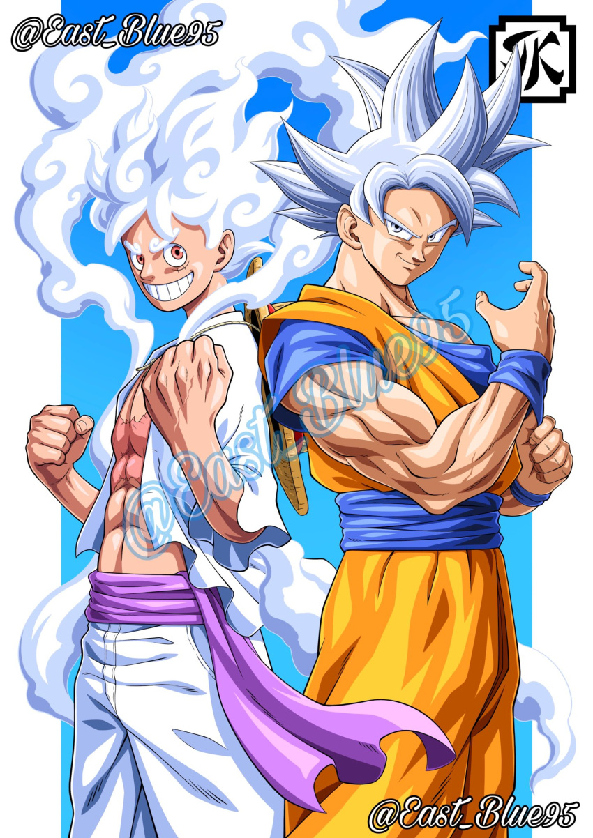 2boys artist_name blue_sash blue_shirt blue_wristband clenched_hand closed_mouth crossover dougi dragon_ball dragon_ball_super eastblue_95 gear_fifth highres looking_at_viewer male_focus monkey_d._luffy multiple_boys muscular muscular_male one_piece orange_robe pectorals robe sash scar scar_on_cheek scar_on_chest scar_on_face shirt short_hair short_sleeves signature smile son_goku spiked_hair super_saiyan teeth torn torn_clothes ultra_instinct white_hair