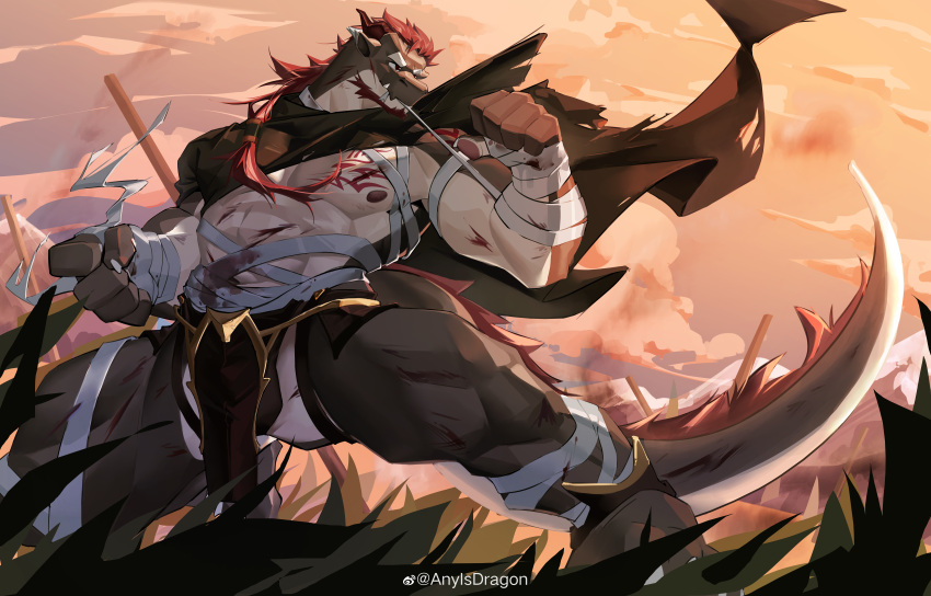 1boy abs absurdres applying_bandages artist_request bara bare_pectorals beard blood commission dragon_(any) dragon_boy dragon_ears facial_hair fighting_stance furry furry_male highres injury large_hands large_pectorals looking_to_the_side male_focus mature_male midriff_sarashi muscular muscular_male navel nipples original pectorals pelvic_curtain ponytail red_hair sarashi short_hair solo sunset thick_eyebrows thick_thighs thighs tusks tying