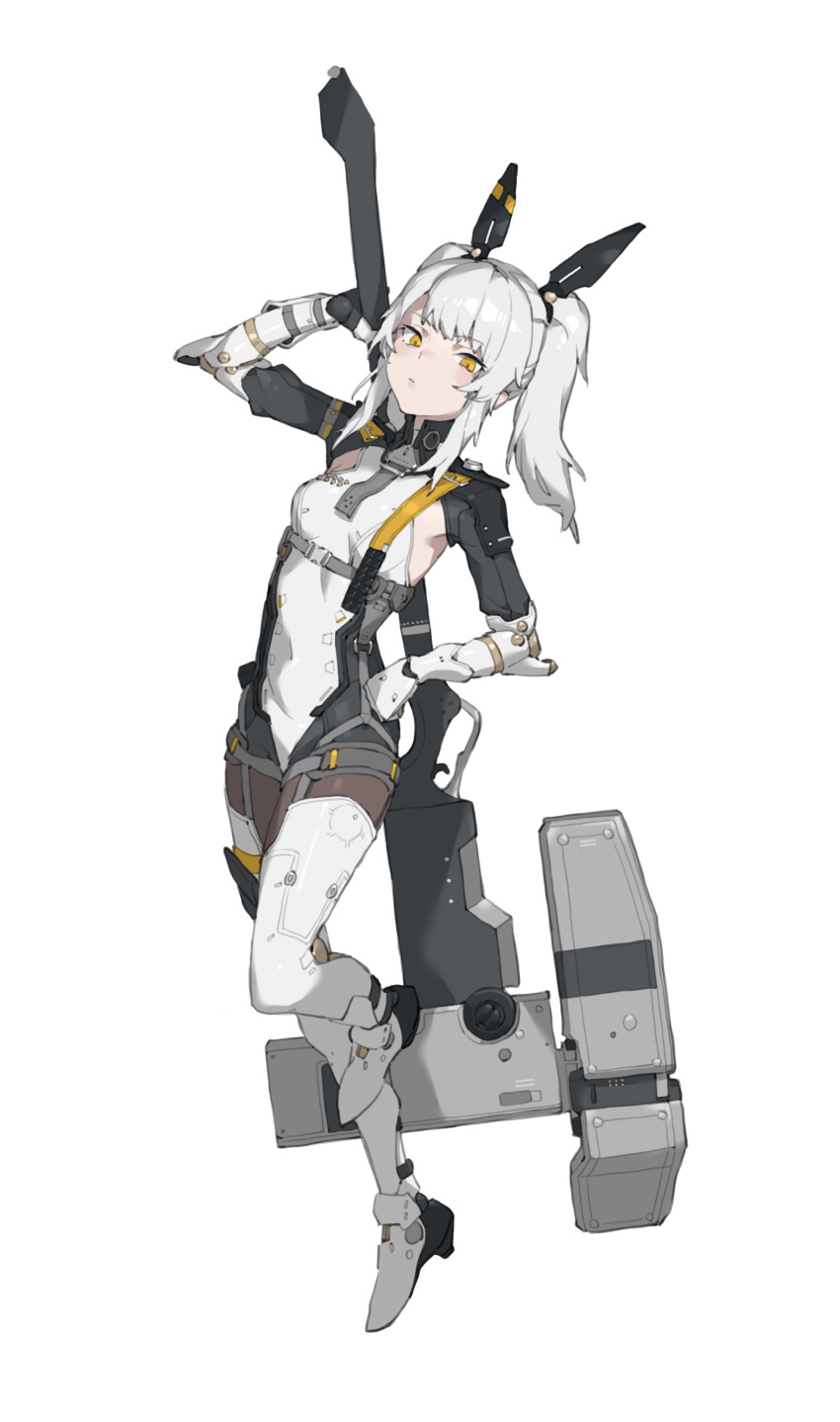 1girl absurdres animal_ears armpit_crease armpit_cutout black_pantyhose bodysuit boots breasts clothing_cutout fake_animal_ears full_body hand_on_own_hip highres holding holding_weapon huge_weapon joints karenina:_scire_(punishing:_gray_raven) karenina_(punishing:_gray_raven) looking_at_viewer mechanical_arms mechanical_hands nainainainainaiya pantyhose polearm punishing:_gray_raven robot_joints sidelocks simple_background skin_tight small_breasts solo standing standing_on_one_leg strap swept_bangs thigh_boots twintails underbust war_hammer weapon white_background white_bodysuit white_footwear white_hair yellow_eyes