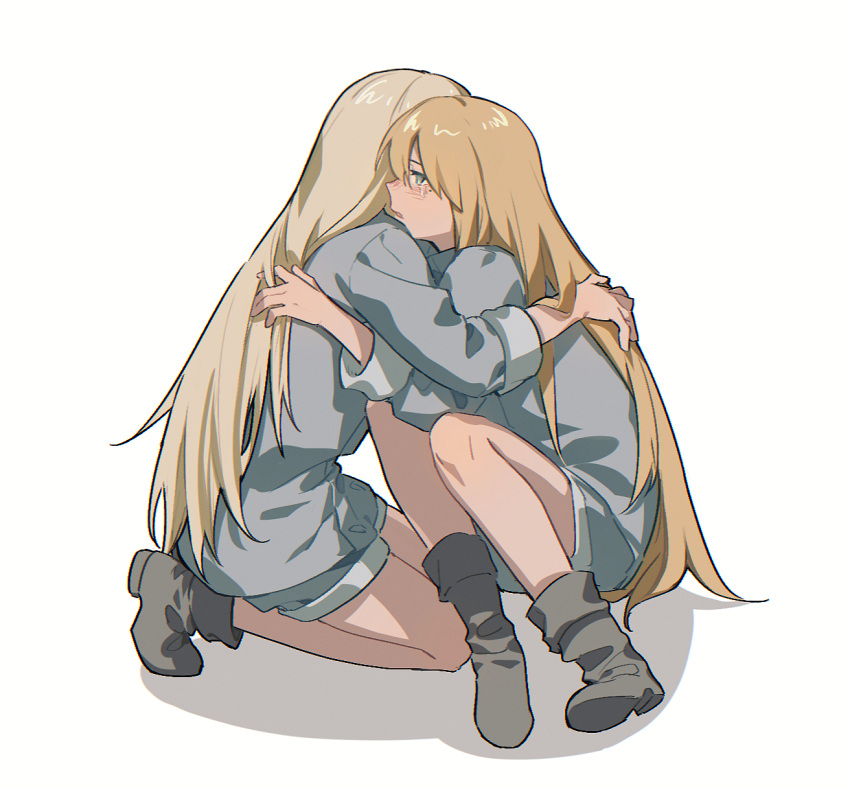 2boys aged_down androgynous blonde_hair blue_eyes boots brothers comforting crying from_side full_body grey_footwear grey_hair highres hug kneeling knees_up long_hair looking_ahead male_focus millions_knives mole mole_under_eye multiple_boys profile pudding49500 siblings simple_background sitting trigun twins vash_the_stampede white_background