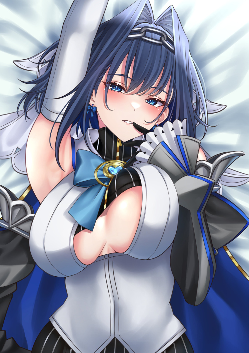 1girl absurdres arm_up bed_sheet black_gloves blue_eyes blue_hair blue_ribbon blush breasts chain chain_hairband cleavage closed_eyes commentary detached_sleeves elbow_gloves facing_viewer gloves hair_intakes highres hololive hololive_english large_breasts looking_at_viewer lying on_back on_bed ouro_kronii ouro_kronii_(1st_costume) parted_lips ribbon ribbon_earrings short_hair solo symbol-only_commentary upper_body veil virtual_youtuber wanzi_(99wanzi99)