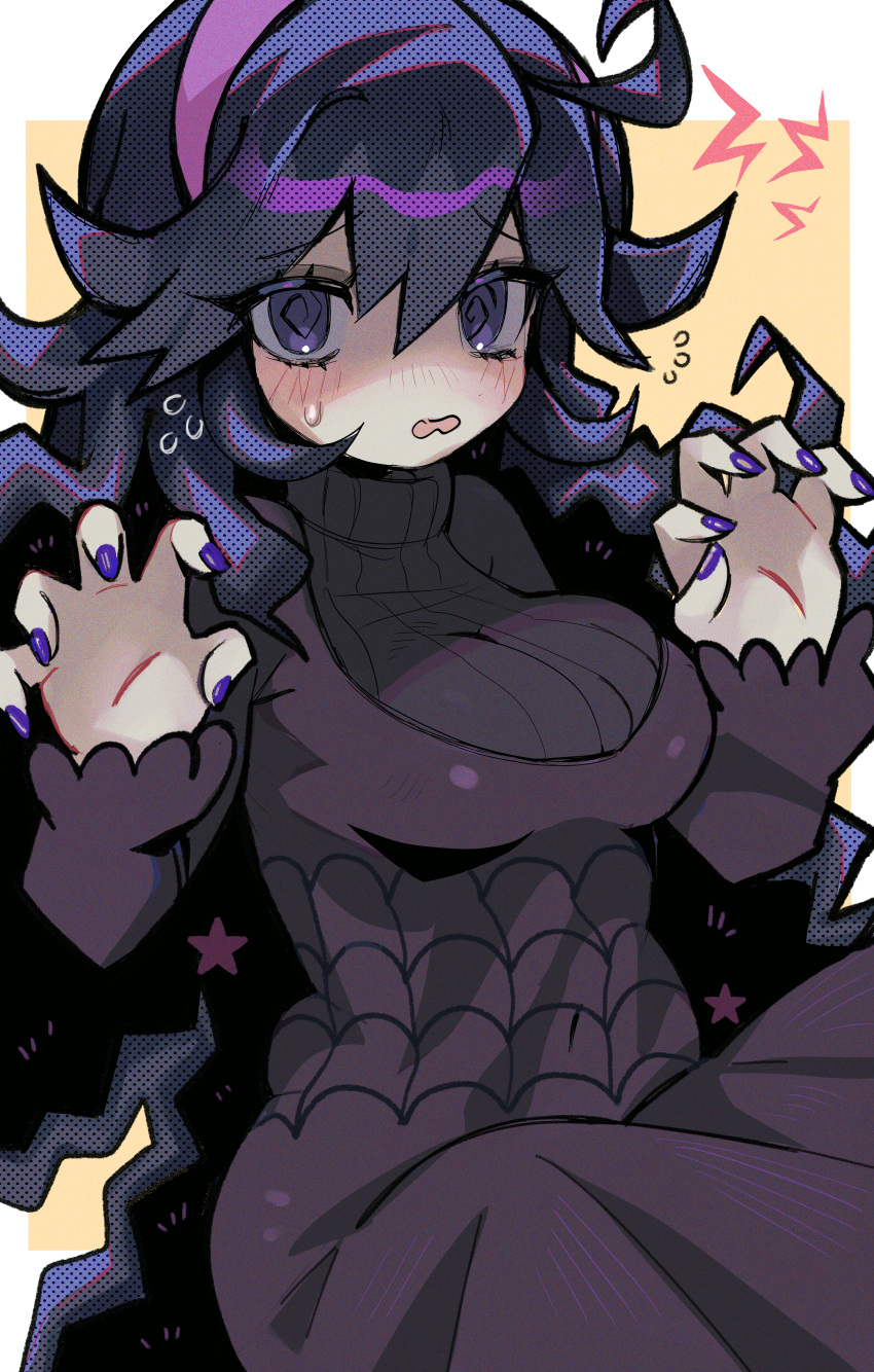 1girl @_@ absurdres ahoge black_hair blush breasts claw_pose commentary_request dress flying_sweatdrops grace_hosanna_marquez_carranco hair_between_eyes hairband hands_up hex_maniac_(pokemon) highres long_hair long_sleeves looking_at_viewer nail_polish nervous open_mouth pokemon pokemon_(game) pokemon_xy purple_eyes purple_hairband purple_nails solo star_(symbol)