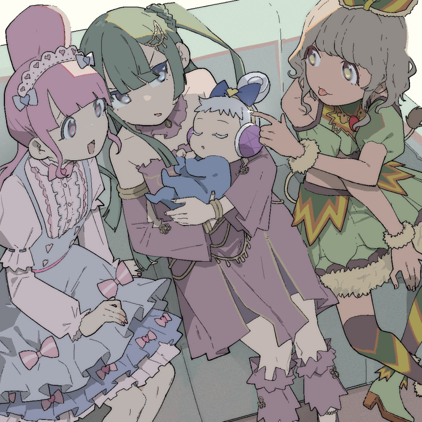 4girls :d blue_bodysuit blue_bow blue_dress blue_eyes blue_hair blunt_bangs bodysuit bow brown_hair carrying carrying_person center_frills closed_eyes couch cropped_shirt detached_collar detached_sleeves dress frilled_dress frilled_hairband frills green_hair green_shirt green_skirt hair_bow hairband headphones highres idol_clothes janice_(pripara) kemura_(puripurinea) leg_warmers long_hair long_sleeves looking_at_another manaka_non midriff_peek multiple_girls on_couch open_mouth pink_bow pretty_(series) pripara puffy_detached_sleeves puffy_sleeves purple_dress purple_eyes purple_hair shirt short_hair side_ponytail sitting skirt sleeping smile taiyou_pepper tongue tongue_out tsukikawa_chiri very_long_hair white_shirt wrist_cuffs