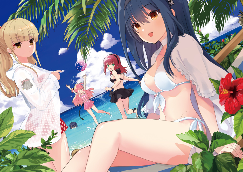 &gt;_&lt; 5girls :d :o ^^^ absurdres alternate_costume angel_beats! arm_support arms_at_sides arms_up asami_yuriko ball barefoot beach_chair beachball bikini black_bikini black_bow black_choker black_hair black_hairband blonde_hair blue_sky blunt_bangs blush bone_hair_ornament bow bow_bikini breasts capelet choker cloud commentary_request company_connection cowboy_shot crossover curvy day demon_tail dutch_angle expressionless eyelashes eyes_visible_through_hair fake_tail feet_out_of_frame fingernails flower frilled_capelet frilled_choker frills front-tie_bikini_top front-tie_top green_eyes hair_between_eyes hair_ornament hairband halterneck hand_up happy highres hood hooded_jacket jacket key_(company) kushima_kamome leaf long_hair long_sleeves looking_at_viewer looking_back medium_breasts multiple_girls nakamura_yuri navel ocean one-piece_swimsuit open_mouth outdoors palm_tree partially_submerged pink_hair pink_one-piece_swimsuit plaid plaid_swimsuit ponytail purple_hair red_flower red_one-piece_swimsuit second-party_source see-through see-through_jacket shiina_(angel_beats!) shiny_skin side-tie_bikini_bottom sidelocks skull_and_crossbones skull_hair_ornament sky smile soaking_feet standing standing_on_one_leg star_(symbol) stomach straight_hair summer_pockets swimsuit tail thighs tree very_long_hair water_drop white_bikini white_capelet white_jacket yellow_eyes yui_(angel_beats!) yusa_(angel_beats!)