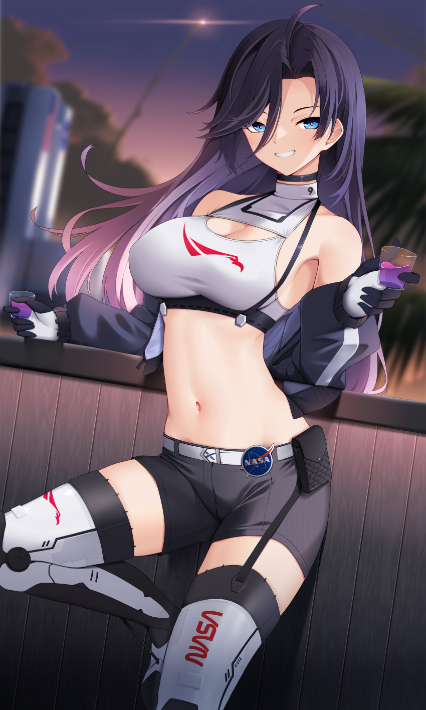 1girl absurdres belt_pouch black_choker blue_eyes borrowed_character breasts choker cleavage_cutout clothing_cutout cloud commission cropped_jacket cup drinking_glass gloves highres leg_lift long_hair medium_breasts nasa_logo palm_tree pouch project_rocket_girls purple_hair rocket shorts shot_glass smile spacex spacex_falcon_9 standing standing_on_one_leg tree z.taiga