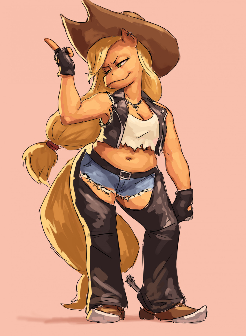 anthro anthrofied applejack_(mlp) belt blonde_hair boots bottomwear breasts chaps cleavage clothed clothing cowboy_hat cross cross_necklace cutoffs denim denim_clothing ear_piercing ear_ring earth_pony equid equine female fingerless_gloves footwear friendship_is_magic gloves green_eyes hair handwear hasbro hat headgear headwear hi_res horse jewelry long_hair mammal midriff my_little_pony navel necklace piercing pink_background pony redustheriotact ring_piercing shirt shorts simple_background solo spurs standing t-shirt tied_hair topwear vest