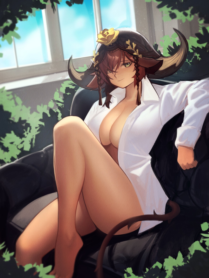 1girl absurdres alternate_costume animal_ears arknights barefoot bottomless breasts brown_hair bush cleavage closed_mouth commentary couch cow_ears cow_girl cow_horns cow_tail day distr dress_shirt english_commentary flower flower_on_head foot_out_of_frame green_eyes hair_between_eyes highres horns indoors knee_up large_breasts legs looking_at_viewer naked_shirt open_clothes open_shirt pallas_(arknights) rose shirt short_hair sitting smile solo tail veil white_shirt window yellow_flower yellow_rose
