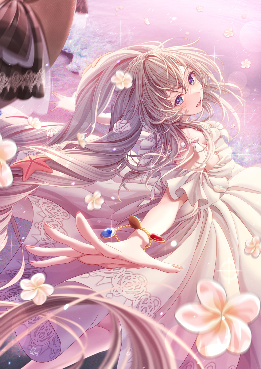 1girl absurdres blue_eyes blue_gemstone breasts dress drill_hair fate/grand_order fate_(series) flower gem gold_bracelet grey_hair highres long_hair marie_antoinette_(fate) open_mouth red_gemstone seashell shell shell_hair_ornament solo starfish starfish_hair_ornament totomiya twintails white_dress white_flower