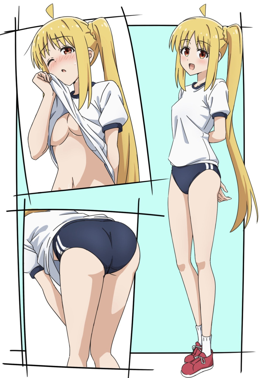 1girl ahoge ass blonde_hair blue_buruma blush bocchi_the_rock! breasts buruma clothes_lift detached_ahoge full_body gym_shirt gym_uniform highres ijichi_nijika kanata_mako leaning_forward long_hair looking_at_viewer multiple_views no_bra open_mouth red_eyes red_footwear shirt shirt_lift side_ponytail small_breasts standing thighs white_shirt wiping_face