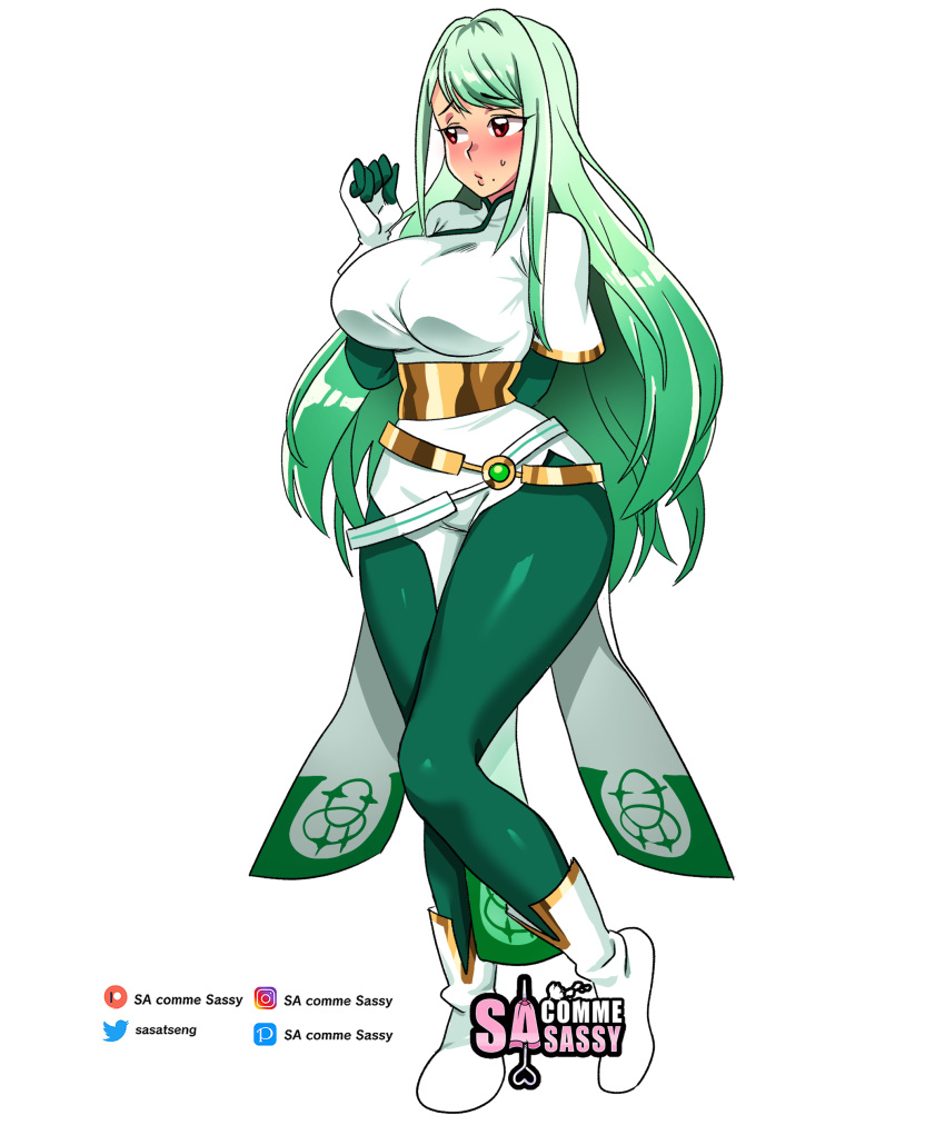 1girl absurdres breasts curvy embarrassed fire_emblem fire_emblem_engage from_side green_hair highres ivy_(fire_emblem) large_breasts mole official_alternate_costume sasa_tseng slit thick_thighs thighs
