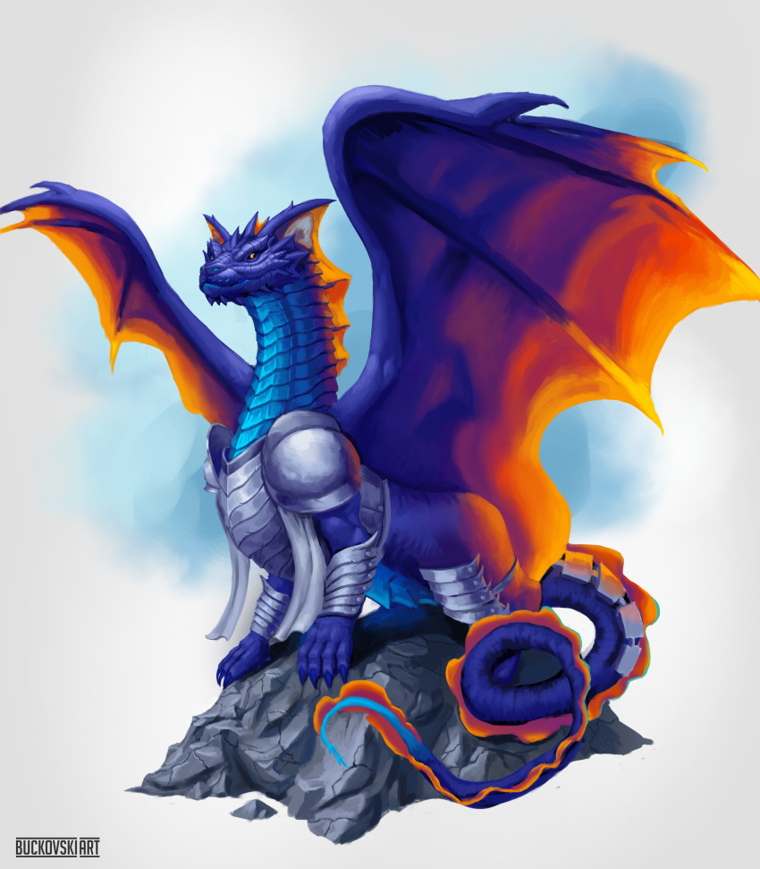 absurd_res armor blue bluescales buckovskiart dragon feral flow full-length_portrait hi_res male male/male orange_tail portrait purple purple_body purple_scales rock scales scalie solo spread_wings tail wings