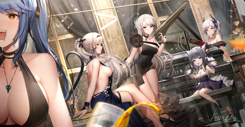 5girls absurdres azur_lane bare_back bare_shoulders black_dress breasts character_request cheshire_(azur_lane) chibi crossed_legs cup dress drinking_glass dunkerque_(azur_lane) essex_(azur_lane) essex_(craft_fairytail)_(azur_lane) heatia highres instrument jewelry long_hair mainz_(azur_lane) medium_breasts multiple_girls necklace official_alternate_costume piano sideboob sitting thighs very_long_hair white_hair