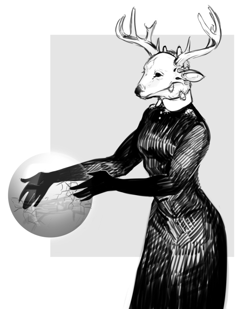 anthro antlers arthropod black_and_white black_nose blattodea button_(fastener) clothed clothing cockroach collared_dress cracks deer dress female hatching_(art) hi_res horn humanoid_hands huntokar insect mammal monochrome saj_who shaded snout solo welcome_to_night_vale