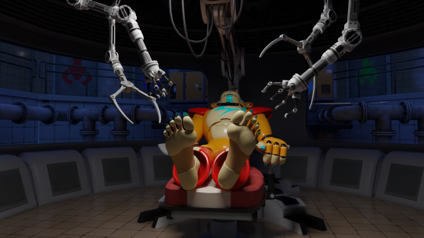 animatronic anthro blue_nails bow_tie chair claws clothing colored_nails ebonclaws feet fingers five_nights_at_freddy's five_nights_at_freddy's:_security_breach foot_fetish foot_focus furniture glamrock_freddy_(fnaf) hi_res lying machine male markings nails orange_body red_clothing robot scottgames shoulder_pads solo steel_wool_studios toes