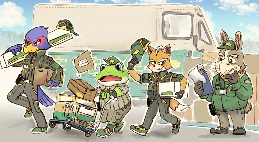 amphibian angry anthro avian bird bottomwear canid canine clothing cloud commercial_vehicle delivery_(commerce) delivery_employee delivery_vehicle falco_lombardi footwear fox fox_mccloud frog gloves group handwear hat headgear headwear hi_res japanese_text katamichi lagomorph leporid male mammal nintendo package pants peppy_hare postal_delivery rabbit shoes sky slippy_toad smile sneakers star_fox text toad_(frog) uniform vehicle