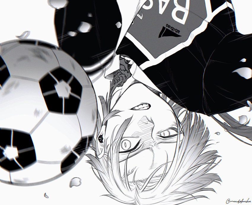 1boy ball blue_lock collared_shirt frown long_hair male_focus mendokucha michael_kaiser neck_tattoo open_mouth shirt slit_pupils soccer_ball soccer_uniform solo sportswear tattoo teeth tsurime upper_body upside-down v-shaped_eyebrows