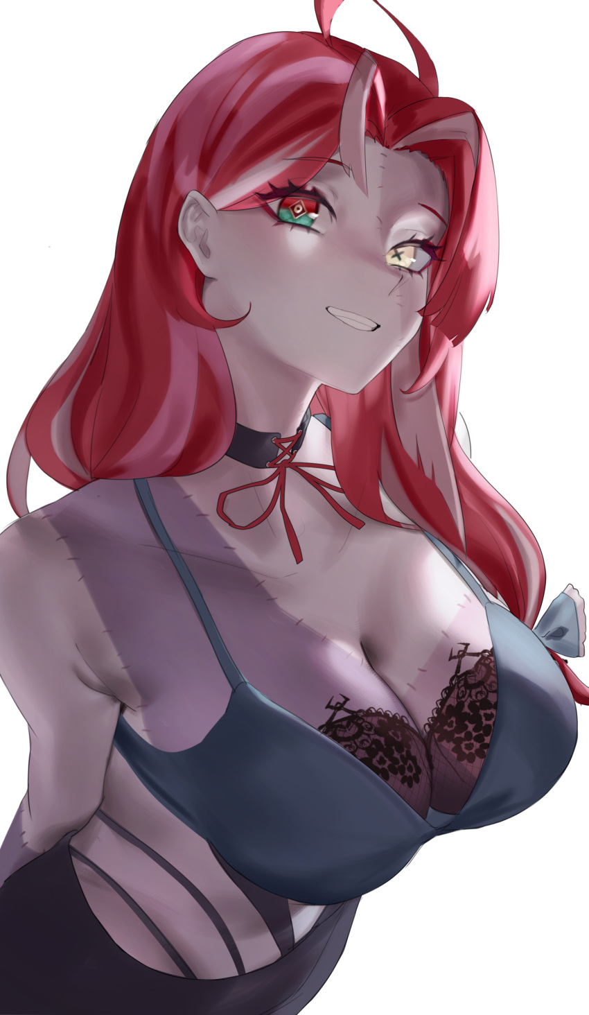 absurdres aragiken black_bra bra breasts cleavage colored_skin gradient_eyes green_eyes grey_skin heterochromia highres hololive hololive_indonesia kureiji_ollie lace-trimmed_bra lace_trim large_breasts long_hair looking_at_viewer multicolored_eyes multicolored_hair multicolored_skin patchwork_skin pink_hair red_eyes red_hair sallie_(kureiji_ollie) smile solo streaked_hair two-tone_skin underwear virtual_youtuber white_background yellow_eyes zombie