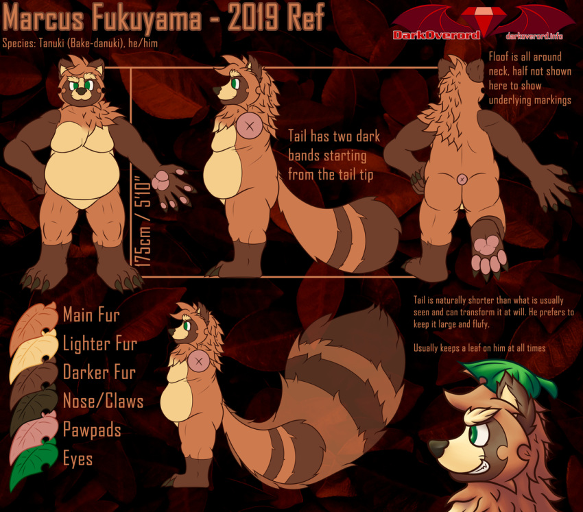 2019 4_toes 5_fingers anthro belly big_tail brown_arms brown_background brown_body brown_claws brown_ears brown_fur brown_markings brown_nose canid canine claws darkoverord digital_media_(artwork) english_text eyebrows facial_markings feet finger_claws fingerpads fingers fluffy fluffy_eyebrows fluffy_tail fur green_eyes head_markings head_tuft huge_tail leaf leg_markings male mammal marcus_fukuyama markings model_sheet neck_tuft overweight overweight_anthro overweight_male pawpads pink_pawpads raccoon_dog ring_(marking) simple_background snout snout_markings socks_(marking) solo tail tan_belly tan_body tan_eyebrows tan_fur tan_inner_ear tan_markings tanuki text textured_background toe_claws toes tuft