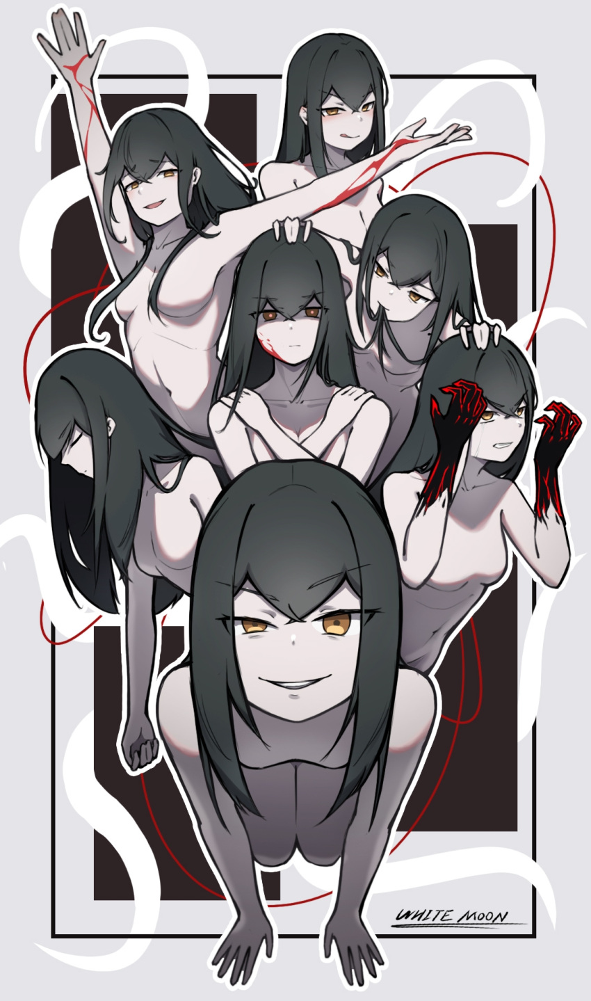 1girl :q arms_up artist_name black_hair blood blood_on_face blood_on_hands breasts brown_eyes chinese_commentary closed_eyes closed_mouth collarbone commentary_request completely_nude evil_grin evil_smile grin hair_in_own_mouth half-closed_eye hands_up highres leaning_forward long_hair looking_at_viewer maoyu_baiyue mouth_hold multiple_views nude original sidelocks small_breasts smile tongue tongue_out