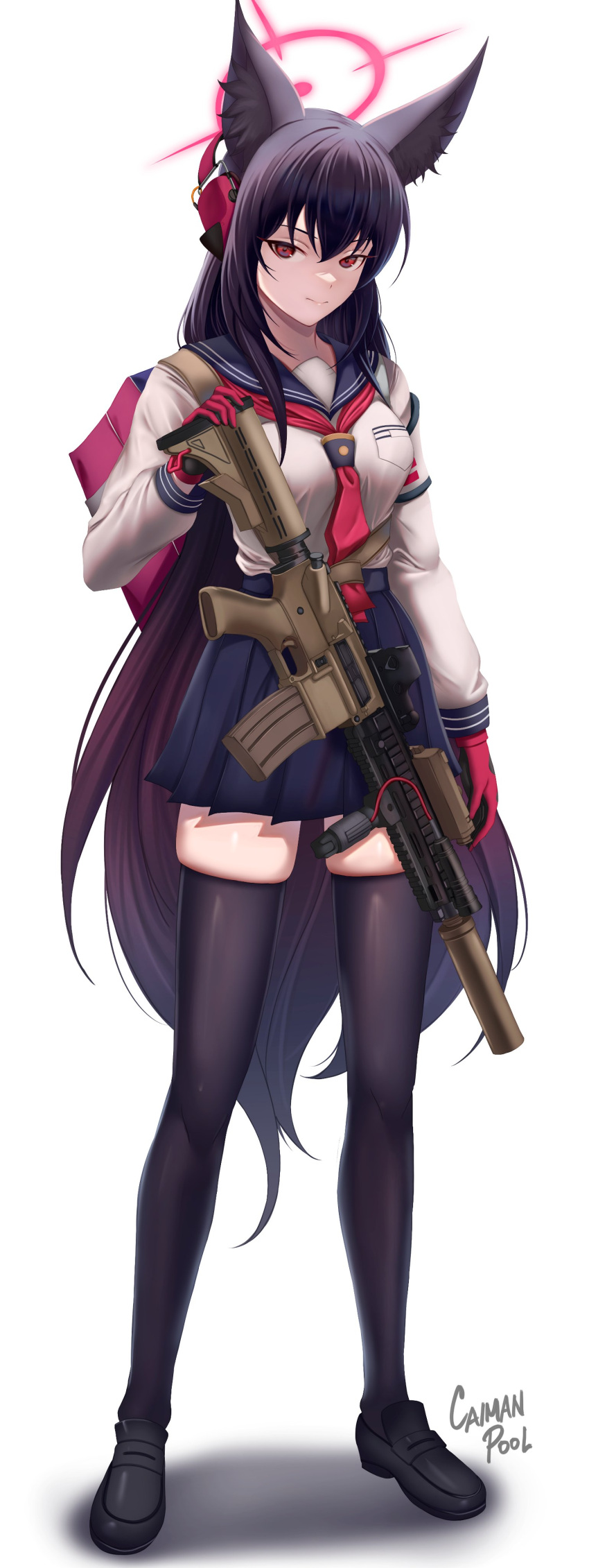 1girl absurdres animal_ears artist_name assault_rifle black_thighhighs blue_archive blue_skirt breasts caiman_pool character_request gun h&amp;k_hk416 highres long_hair long_sleeves optical_sight purple_hair red_eyes rifle school_uniform shirt skirt solo suppressor thighhighs vertical_foregrip very_long_hair weapon white_background white_shirt zettai_ryouiki