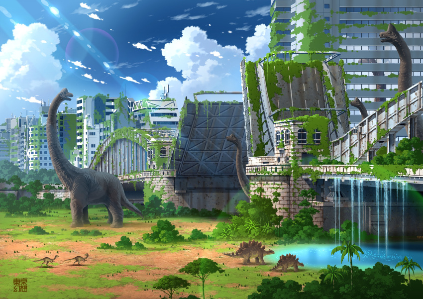 abandoned animal animal_request blue_sky bridge building cloud commentary_request day dinosaur highres moss no_humans original outdoors overgrown palm_tree post-apocalypse rainbow raised_bridge ruins scenery sky tokyogenso tree water waterfall window