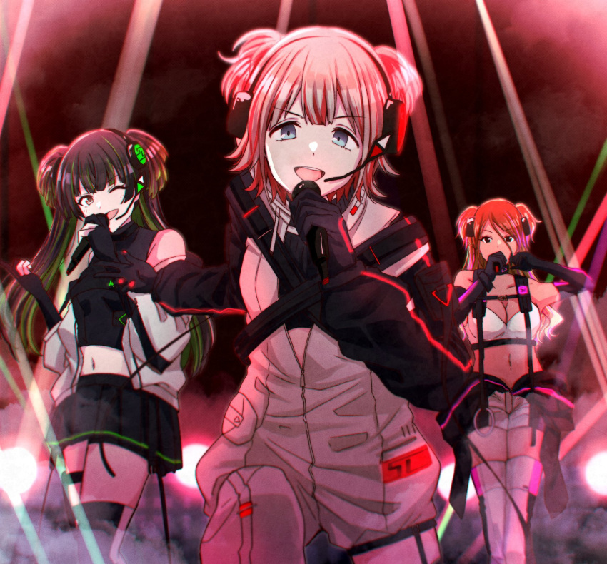 3girls bare_shoulders black_hair blue_eyes blunt_bangs blush boots breasts crop_top green_hair grey_hair hands_up headset highres holding holding_microphone idolmaster idolmaster_shiny_colors izumi_mei jacket knee_boots kusaka_io long_hair long_sleeves looking_at_viewer mayuzumi_fuyuko microphone multicolored_hair multiple_girls multiple_straps music navel off_shoulder open_mouth outstretched_arm pleated_skirt serizawa_asahi short_hair shorts singing skirt stage_lights standing straylight_(idolmaster) thigh_strap two_side_up