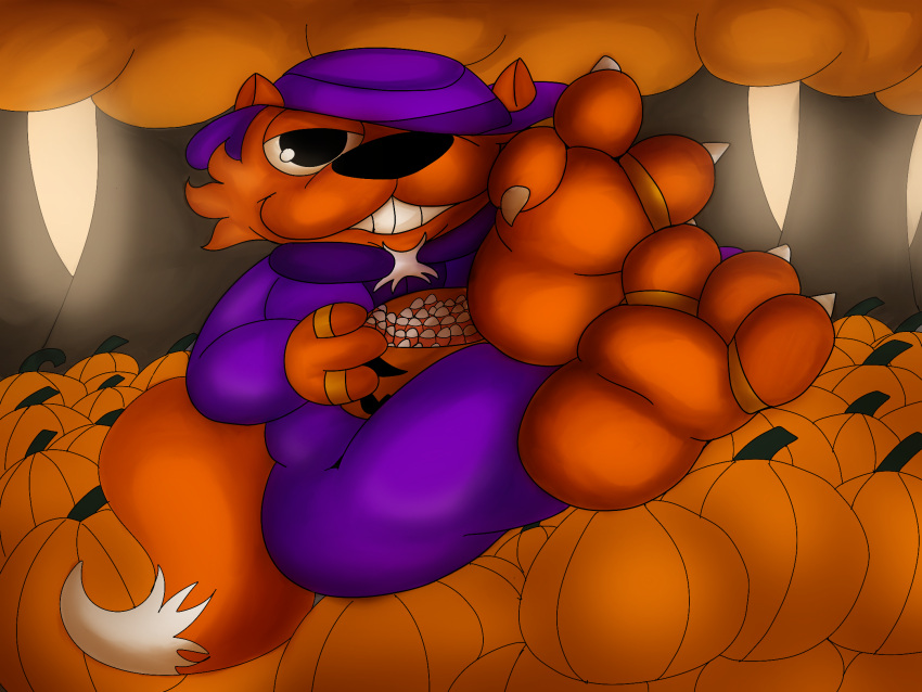 anthro autumn canid canine chubby_male claws clothing digit_ring eyewear feet food foot_fetish foot_focus fox fruit fur fur_tuft glasses hat headgear headwear hi_res jay_(jaythefox333) jaythefox333 jewelry male mammal orange_background orange_body orange_fur pimp pimp_hat pimpin_aint_easy plant pumpkin purple_clothing ring short_stack simple_background solo toe_claws toe_ring tree tuft white_body white_fur