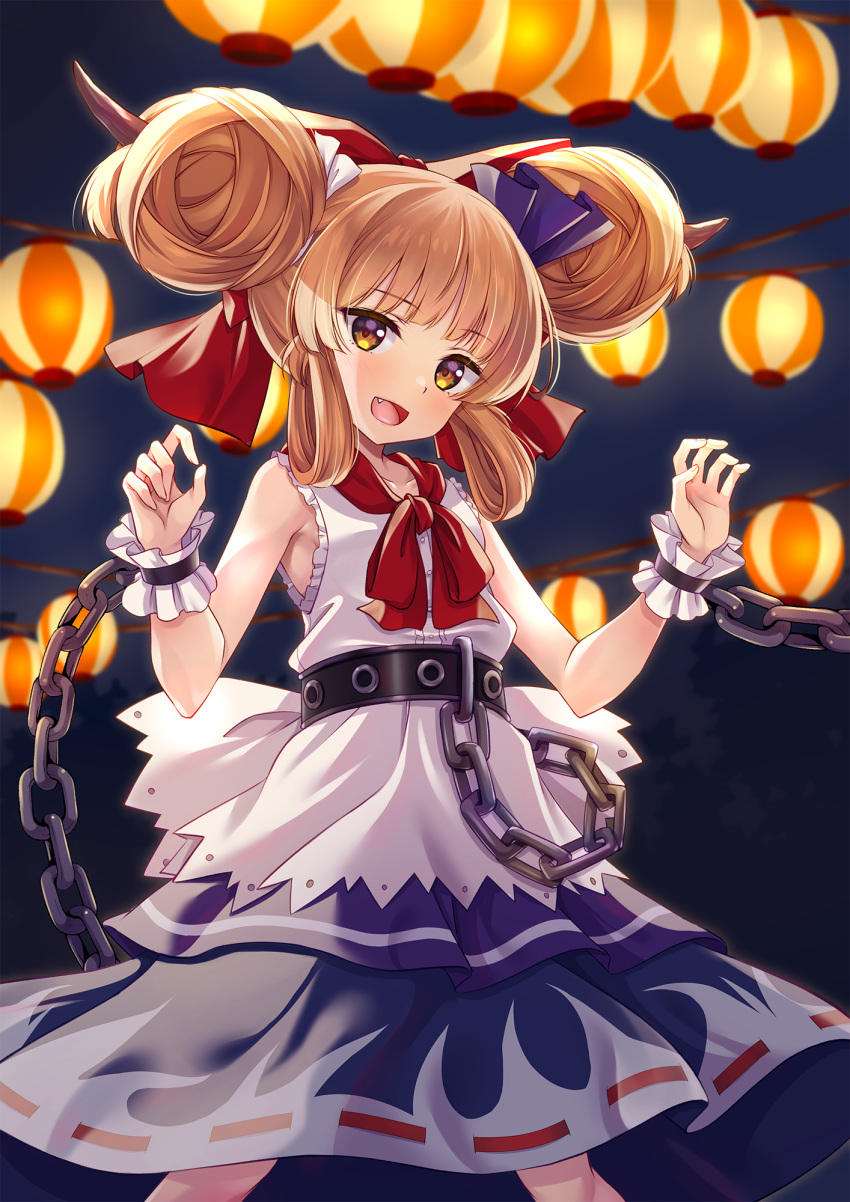 1girl alternate_hairstyle blue_ribbon blue_skirt blush bow buttons chain double_bun fang feet_out_of_frame hair_bow hair_bun highres horn_ornament horn_ribbon horns ibuki_suika long_hair murasaki_atsushi oni_horns open_mouth orange_eyes orange_hair print_skirt red_bow ribbon shirt skirt smile solo torn_clothes torn_sleeves touhou white_shirt wrist_cuffs